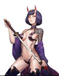  ahoge bangs blue_footwear blunt_bangs boots breasts bustier cleavage cowboy_shot facial_mark fate/grand_order fate_(series) groin holding holding_sheath holding_sword holding_weapon joe_(j_studio) looking_at_viewer medium_breasts navel parted_lips purple_eyes purple_hair sheath short_hair shuten_douji_(fate/grand_order) sideboob simple_background solo standing sword thigh_boots thighhighs unsheathing weapon white_background 