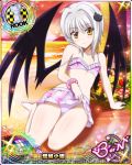  arm_support barefoot beach bikini blush card_(medium) cat_hair_ornament character_name chess_piece closed_mouth covered_nipples demon_wings flat_chest flower hair_ornament high_school_dxd high_school_dxd_born looking_at_viewer navel ocean official_art rook_(chess) short_hair silver_hair sitting smile solo sunset swimsuit toujou_koneko trading_card water wings yellow_eyes 