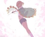  brown_hair cape cherry_blossoms dalc_rose dutch_angle facing_away feet_out_of_frame from_behind maeda_toushirou male_focus shirt short_hair shorts simple_background solo standing sword tantou tassel torn_clothes touken_ranbu twitter_username weapon wind 