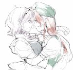  asakura_noi braid brown_hair eye_contact forehead-to-forehead grey_hair hat hong_meiling izayoi_sakuya looking_at_another maid_headdress multiple_girls short_braid single_braid sketch smile touhou upper_body white_background yuri 