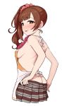  :p apron ass bare_arms bare_back bare_shoulders blush breasts brown_eyes brown_hair brown_skirt butt_crack eyebrows_visible_through_hair from_behind hair_ornament hair_scrunchie heart heart-shaped_pupils idolmaster idolmaster_cinderella_girls igarashi_kyouko looking_at_viewer looking_back naked_apron no_panties omaru_gyuunyuu orange_apron pleated_skirt red_scrunchie scrunchie side_ponytail sideboob simple_background skirt solo symbol-shaped_pupils tongue tongue_out undressing white_apron white_background 