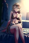  blonde_hair blue_eyes blur blush bra braid breasts cleavage collarbone crossed_legs g36_(girls_frontline) girls_frontline glasses highres long_hair looking_at_viewer signature twitter_username underwear vvy 