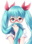  bangs blue_eyes blue_hair blush bow eyebrows_visible_through_hair glasses hair_between_eyes hair_bow hair_over_mouth hatsune_miku highres holding holding_hair long_hair looking_at_viewer mk82_(hoonsyh) neckerchief red-framed_eyewear red_bow red_neckwear shirt short_sleeves solo twintails upper_body very_long_hair vocaloid white_shirt 