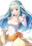  :d bangs blue_hair blunt_bangs breasts choker cleavage collarbone detached_sleeves dress eyebrows_visible_through_hair fire_emblem fire_emblem:_rekka_no_ken fire_emblem_heroes floating_hair long_hair looking_at_viewer mamkute medium_breasts ninian open_mouth red_eyes ringozaka_mariko sideboob simple_background sleeveless sleeveless_dress smile solo standing striped striped_dress white_background white_dress 