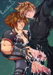  2boys aftersex anal anus ass blonde_hair blue_eyes blush bottomless brown_hair cum cum_in_ass cum_on_body cumdrip erection gaping groping happy_sex kingdom_hearts large_penis lifting multiple_boys penis roxas sex smile sora testicles yaoi 