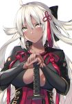 ahoge bangs blush breasts cleavage cleavage_cutout collarbone commentary_request dark_skin face fate/grand_order fate_(series) frown grey_eyes hair_between_eyes hand_rest high_collar highres itohana large_breasts long_hair looking_at_viewer okita_souji_(alter)_(fate) okita_souji_(fate)_(all) simple_background solo sword tassel upper_body very_long_hair weapon white_background white_hair 