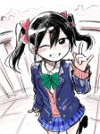  :d \m/ black_hair blush bow cardigan commentary hair_bow love_live! love_live!_school_idol_project nico_nico_nii one_eye_closed open_mouth otonokizaka_school_uniform red_eyes school_uniform shiromanta skirt smile solo twintails yazawa_nico 