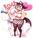  :3 :d animal_band_legwear animal_ears arm_up artist_name bare_shoulders bell bell_collar black_hair black_legwear blue_eyes blue_lipstick blue_nails breasts cat_band_legwear cat_ears cat_tail choker collar collarbone commentary eyebrows_visible_through_hair eyes_visible_through_hair full_body hand_on_another's_waist heart heterochromia highres index_finger_raised jingle_bell kat_(mazume) kit_(mazume) large_breasts lipstick makeup mazume midriff multicolored_hair multiple_girls nail_polish navel no_shoes open_mouth orange_eyes original short_shorts shorts signature simple_background skirt small_breasts smile sparkle symbol_commentary tail thighhighs two-tone_hair white_background white_choker white_hair white_legwear 