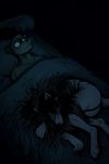  2018 anthro awake bed bedding black_and_blue blanket canine curled_up digital_media_(artwork) dog duo female ghost ghost_pupper hair hladilnik long_hair looking_up lying male mammal nude on_back sleeping spirit wide_eyed 