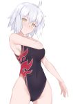  1girl ahoge bangs bare_arms bare_shoulders black_swimsuit blush breasts brown_eyes closed_mouth commentary competition_swimsuit covered_navel cowboy_shot eyebrows_visible_through_hair fate/grand_order fate_(series) hair_between_eyes hand_up head_tilt highleg highleg_swimsuit highres jeanne_d&#039;arc_(alter)_(fate) jeanne_d&#039;arc_(fate)_(all) jilu large_breasts looking_at_viewer nose_blush one-piece_swimsuit silver_hair simple_background solo swimsuit symbol_commentary white_background 