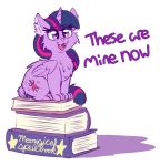  2018 alternate_species book cat cutie_mark dialogue english_text eyelashes fangs feathered_wings feathers feline female feral friendship_is_magic fur graphene hair hi_res horn mammal multicolored_hair multicolored_tail my_little_pony open_mouth pink_nose purple_eyes purple_feathers purple_fur simple_background solo text twilight_sparkle_(mlp) white_background wings 