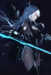  artist_name black_gloves black_heart black_legwear blue_eyes breasts cowboy_shot elbow_gloves from_side gloves highres large_breasts leotard long_hair neptune_(series) profile sidelocks sketch smile solo swd3e2 sword thighhighs weapon white_hair 