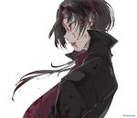  blood blood_on_face bloody_clothes bloody_hair brown_hair dalc_rose earrings jacket jewelry kashuu_kiyomitsu long_hair male_focus mole mole_under_mouth red_eyes scarf solo touken_ranbu twitter_username 