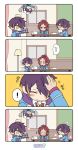  2boys 4koma blazer blue_neckwear blush_stickers can chalkboard cleaning cleaning_brush closed_eyes comic curtains diamond-shaped_pupils ensemble_stars! flower_(symbol) flying_sweatdrops green_eyes hair_over_one_eye happy highres hood hoodie indoors isara_mao jacket lamp looking_at_another male_focus multicolored_hair multiple_boys musical_note necktie open_clothes open_jacket paper paper_stack petting pink_hair red_bull school_uniform sengoku_shinobu smile spoken_exclamation_mark streaked_hair symbol-shaped_pupils tamago_(su06ai6) teleport translated tray yellow_eyes yumenosaki_school_uniform 
