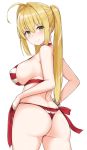  ahoge ass bangs bare_shoulders bikini blonde_hair blush bracelet breasts covered_nipples cowboy_shot eyebrows_visible_through_hair fate/grand_order fate_(series) from_behind green_eyes hair_between_eyes hair_intakes halterneck jewelry large_breasts long_hair looking_at_viewer looking_back mitsukazu_(nijigen_complex) nero_claudius_(fate)_(all) nero_claudius_(swimsuit_caster)_(fate) red_bikini sideboob sidelocks simple_background smile solo string_bikini striped striped_bikini swimsuit twintails wedgie white_background white_bikini 