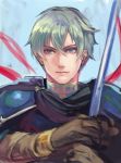  armor blue_eyes cape ephraim fire_emblem fire_emblem:_seima_no_kouseki gloves green_hair kokouno_oyazi looking_at_viewer male_focus short_hair smile solo 