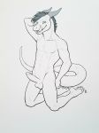  2018 4_toes 5_fingers anthro dragon hair horn humanoid_penis kneeling licking licking_lips looking_at_viewer male nude one_eye_closed penis presenting presenting_penis scalie shinigamigirl solo toes tongue tongue_out traditional_media_(artwork) uncut wink xanderg 