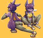 ... anthro arm_tuft armwear bandage bat blue_eyes bra breasts butt clothed clothing elbow_gloves female fur gloves hair hi_res leg_tuft lilinna_(spikedmauler) long_hair mammal midriff motion_lines multiple_images multiple_poses navel_tuft pigtails pose purple_fur purple_hair simple_background sitting sneakers solo speech_bubble spikedmauler sports_bra stretching underwear watermark yellow_background yoga_pants 