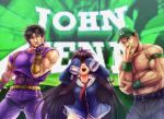  1girl 2boys abs azur_lane baseball_cap belt black_hair brown_hair commentary covering_eyes english_commentary f4f_wildcat fingerless_gloves gloves hat height_difference highres john_cena jojo_no_kimyou_na_bouken jojo_pose jonathan_joestar long_hair long_island_(azur_lane) melisaongmiqin meme multiple_boys muscle necktie no_pants open_mouth pants pixelated pose red_neckwear sleeveless sleeves_past_wrists smile teeth topless trait_connection very_long_hair wristband wwe 