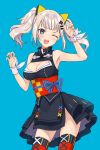  ;d animal_ears armpits black_dress blue_background blue_eyes breasts cat_ears claw_pose cleavage cleavage_cutout d-pad d-pad_hair_ornament dress fake_animal_ears grey_hair hair_ornament hairclip hands_up kaguya_luna kaguya_luna_(character) looking_at_viewer medium_breasts obi one_eye_closed open_mouth ribbon rimo round_teeth sash sidelocks simple_background smile solo teeth thighhighs twintails upper_teeth v-shaped_eyebrows virtual_youtuber white_ribbon wrist_ribbon 