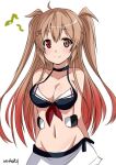  bare_shoulders bikini blush breasts brown_eyes brown_hair cleavage closed_mouth collarbone commentary eyebrows_visible_through_hair gradient_hair groin hair_ornament hairclip heterochromia hinase_(jet_hearts) humming kantai_collection long_hair looking_at_viewer lowleg_skirt medium_breasts multicolored_hair murasame_(kantai_collection) musical_note navel red_eyes red_hair remodel_(kantai_collection) simple_background smile solo spoken_musical_note swimsuit twitter_username two_side_up white_background 