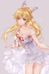  bare_shoulders blonde_hair breasts cleavage collarbone commentary_request dress empty_eyes granblue_fantasy hair_ribbon highres long_hair michudx red_eyes ribbon signature simple_background skirt_hold smile solo vira_lilie 