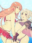  absurdres armor ass bikini blush breasts female_my_unit_(fire_emblem:_kakusei) fire_emblem fire_emblem:_kakusei fire_emblem_heroes hair_ornament highres long_hair looking_at_viewer multiple_girls my_unit_(fire_emblem:_kakusei) navel nishimura_(nianiamu) red_eyes red_hair robe smile swimsuit tiamo very_long_hair 