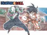  abs antennae areolae barefoot battle black_hair chest clenched_hand clenched_teeth copyright_name dougi dragon_ball dragon_ball_(classic) eyebrows_visible_through_hair full_body green_skin hands_up looking_at_another medium_hair multicolored multicolored_skin muscle piccolo pointy_ears purple_skin shirtless son_gokuu sweat teeth toes torn_clothes tsuki_wani v-shaped_eyebrows v-shaped_eyes 