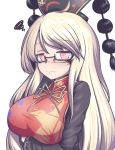  animal_print arm_under_breasts asymmetrical_bangs bangs bespectacled bird_print black_dress blonde_hair blush breast_hold breasts burn_scar chinese_clothes closed_mouth commentary_request dress eyebrows_visible_through_hair glasses headdress huge_breasts junko_(touhou) long_hair long_sleeves looking_at_viewer neck_ribbon nose_blush parted_bangs pom_pom_(clothes) red_eyes ribbon scar semi-rimless_eyewear simple_background solo squiggle tabard tassel touhou upper_body white_background xialu_zajin yellow_neckwear 