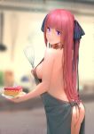 1girl aduo apron ass backlighting bangs bare_arms bare_back bare_shoulders black_apron black_ribbon blunt_bangs blurry blurry_background blush breasts cake closed_mouth commentary_request cowboy_shot depth_of_field food from_behind go-toubun_no_hanayome hair_ribbon highres holding holding_plate looking_at_viewer looking_back medium_breasts nakano_nino naked_apron pink_hair plate purple_eyes ribbon sideboob slice_of_cake solo straight_hair two_side_up v-shaped_eyebrows whisk 