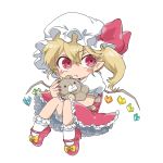  blonde_hair bloomers blush_stickers bow commentary_request doll_hug fang fang_out flandre_scarlet frilled_skirt frills hat highres mob_cap puffy_short_sleeves puffy_sleeves red_bow red_eyes red_footwear red_skirt red_vest semimaru_(user_zzuy5884) shirt shoes short_hair short_sleeves side_ponytail simple_background skirt solo stuffed_animal stuffed_toy teddy_bear touhou underwear vest white_background white_shirt wings yellow_bow 