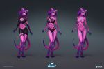  2018 anthro breasts claws clothed clothing digital_media_(artwork) feline female fur hair lingerie mammal nude perplexin pink_fur purple_hair signature simple_background yellow_eyes 