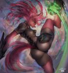  2017 abstract_background anthro bodysuit breasts broken_horn butt butt_focus butt_pose clothed clothing equine eye_scar eyebrows eyelashes female fully_clothed girlsay hair horn kick long_ears magic mammal my_little_pony my_little_pony_the_movie pink_hair portrait pose scar signature skinsuit smile solo teal_eyes tempest_shadow_(mlp) thick_thighs tight_clothing unicorn 