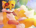  2018 anthro balls blue_eyes blush canine chest_tuff clothing dimwitdog eyewear fox fur gloves goggles looking_at_viewer male mammal miles_prower multi_tail multicolored_tail nipples orange_fur penis scarf solo sonic_(series) white_fur 