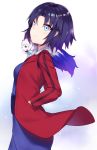  black_hair blue_eyes blue_kimono closed_mouth creature eyebrows_visible_through_hair eyes_visible_through_hair fate/grand_order fate_(series) fou_(fate/grand_order) from_side frown hair_intakes hand_in_pocket highres jacket japanese_clothes kara_no_kyoukai kimono long_sleeves obi open_clothes open_jacket pocket red_jacket ryougi_shiki sash short_hair yukarite 