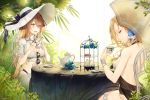  alternate_costume azur_lane bangle bangs bare_shoulders bikini blonde_hair blue_flower blue_rose bracelet breasts brown_hair bush cleavage closed_mouth collared_shirt commentary crossover cup day eyebrows_visible_through_hair flower girls_frontline greenhouse hair_flower hair_ornament hair_up half-closed_eyes hat highleg highleg_bikini highres holding holding_cup hood_(azur_lane) ia_(ias1010) indoors jewelry light_particles long_hair looking_at_another looking_at_viewer m1903_springfield_(girls_frontline) multiple_girls o-ring o-ring_top open_mouth rose saucer shirt shoulder_blades sidelocks sitting skindentation sleeves_rolled_up smile spoon sun_hat sunlight sweat swimsuit teacup teapot umbrella very_long_hair water_drop white_shirt 
