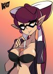  2017 between_breasts beverage bigdead93 bikini breasts cephalopod cleavage clothed clothing drinking ear_piercing eyelashes female gradient_background hair half-length_portrait hi_res humanoid inkling looking_at_viewer marine midriff navel nintendo not_furry piercing pointy_ears portrait seductive shiny_skin shirt signature simple_background skimpy solo splatoon squid straw swimsuit tentacle_hair tentacles video_games yellow_eyes 