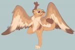  avian bird blush breasts cute eyes_closed feathered_wings feathers featureless_breasts featureless_crotch female gryphon large_wings nude owl pastelcore simple_background solo sona_(noxiis) stretching wide_hips wings 