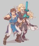  2boys alucard_(castlevania) axe belt blonde_hair blue_eyes brown_hair cape castlevania castlevania:_rondo_of_blood castlevania:_symphony_of_the_night gloves headband highres jeepochu long_hair looking_at_viewer male_focus minecraft multiple_boys nintendo red_eyes richter_belmondo short_hair silver_hair smile super_smash_bros. super_smash_bros._ultimate sword weapon 