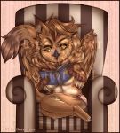  &lt;3 anklet armchair avian beak bird book breasts chair chibi clothed clothing cute doubledee female fluffy gryphon jewelry owl panties reading sitting solo sona_(noxiis) topless under_boob underwear watermark wings yellow_eyes 