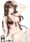  arm_up armpits bangs bikini black_bikini blunt_bangs breasts brown_hair can cleavage commentary_request dsr-50_(girls_frontline) eyebrows_visible_through_hair frilled_bikini frills girls_frontline highres large_breasts long_hair navel parted_lips red_eyes side-tie_bikini simple_background sketch solo sweat swimsuit towel white_background yusan 