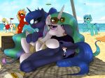  2018 absurd_res anus beach butt clothing cloud cutie_mark digital_media_(artwork) dock duo_focus earth_pony equine eyelashes eyewear fan_character feathered_wings feathers female feral friendship_is_magic group hair hi_res hooves horn horse long_hair looking_at_viewer mammal multicolored_hair my_little_pony open_mouth outside pegasus pony princess_celestia_(mlp) princess_luna_(mlp) pussy redvais seaside smile sunglasses tongue tongue_out underhoof water winged_unicorn wings 