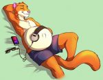  2018 anthro belly big_belly brown_fur clothed clothing eyes_closed eyewear fur glasses green_background hand_on_stomach headphones long_tail lying male male_pregnancy mammal music mustelid navel outie_navel pregnant shorts simple_background smile the-narutoshi topless weasel white_fur 