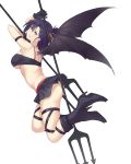  ass bare_shoulders black_footwear black_gloves black_panties black_skirt black_wings boots breasts commentary crop_top demon_girl demon_wings dual_wielding flying from_side full_body gabriel_dropout gloves hair_ornament half_updo hallelujah_essaim high_heel_boots high_heels highres holding holding_polearm horns knee_boots large_breasts legs_up looking_at_viewer looking_back medium_hair panties parted_lips pleated_skirt polearm purple_eyes purple_hair saruno_(eyesonly712) simple_background skindentation skirt smile smirk solo trident tsukinose_vignette_april underboob underwear upskirt weapon white_background wings x_hair_ornament 
