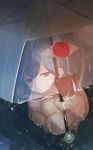  amekosame bangs barefoot blue_eyes blue_hair breasts commentary eyebrows_visible_through_hair heterochromia holding holding_umbrella large_breasts looking_at_viewer narrowed_eyes nude outdoors rain red_eyes see-through short_hair solo squatting tatara_kogasa tongue touhou transparent transparent_umbrella umbrella undefined_fantastic_object v-shaped_eyebrows water wet 