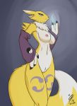  2018 anthro black_sclera blue_eyes breasts claws clothing crystal digimon digital_media_(artwork) female fur hair looking_at_viewer nipples nude pussy renamon simple_background solo video_games vlc525 white_fur yellow_fur 