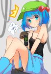  1girl between_legs black_camisole blue_eyes blue_footwear blue_hair blue_skirt boots brand_name_imitation breasts brown_gloves camisole can cleavage energy_drink gloves hair_bobbles hair_ornament hand_between_legs hat highres inon kawashiro_nitori monster_energy open_mouth short_hair sitting skirt small_breasts solo strap_slip touhou two_side_up 