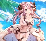  bikini blue_eyes blue_sky breasts cleavage cloud collarbone cowboy_shot crossed_arms day floating_hair granblue_fantasy hair_ornament hair_over_one_eye horns large_breasts long_hair looking_at_viewer narmaya_(granblue_fantasy) navel ocean outdoors pink_hair rain_yadori sky smile solo swimsuit thigh_strap twintails very_long_hair white_bikini 