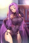  blush boots breasts china_dress chinese_clothes commentary_request dress elbow_gloves facial_mark fate/stay_night fate_(series) forehead_mark gloves hijiri large_breasts long_hair looking_at_viewer pelvic_curtain purple_hair rider side_slit sleeveless solo thigh_boots thighhighs toned very_long_hair 