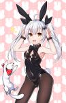  :d absurdres ahoge animal animal_ears armpits arms_up bandana bangs bare_arms bare_shoulders belt belt_buckle belt_collar black_belt black_bow black_leotard black_neckwear black_ribbon blush bow bowtie bracelet breasts brown_eyes brown_legwear buckle bunny_background bunny_ears bunny_girl bunny_tail bunnysuit cleavage commentary_request contrapposto covered_navel eyebrows_visible_through_hair fingernails five-seven_(girls_frontline) girls_frontline hair_between_eyes hair_ornament hair_ribbon highres horns_pose jewelry legs_apart leotard long_hair looking_at_viewer open_mouth pantyhose pink_background red_bandana ribbon round_teeth shiny shiny_clothes sidelocks small_breasts smile standing star starfox1015 tail teeth twintails white_hair younger 